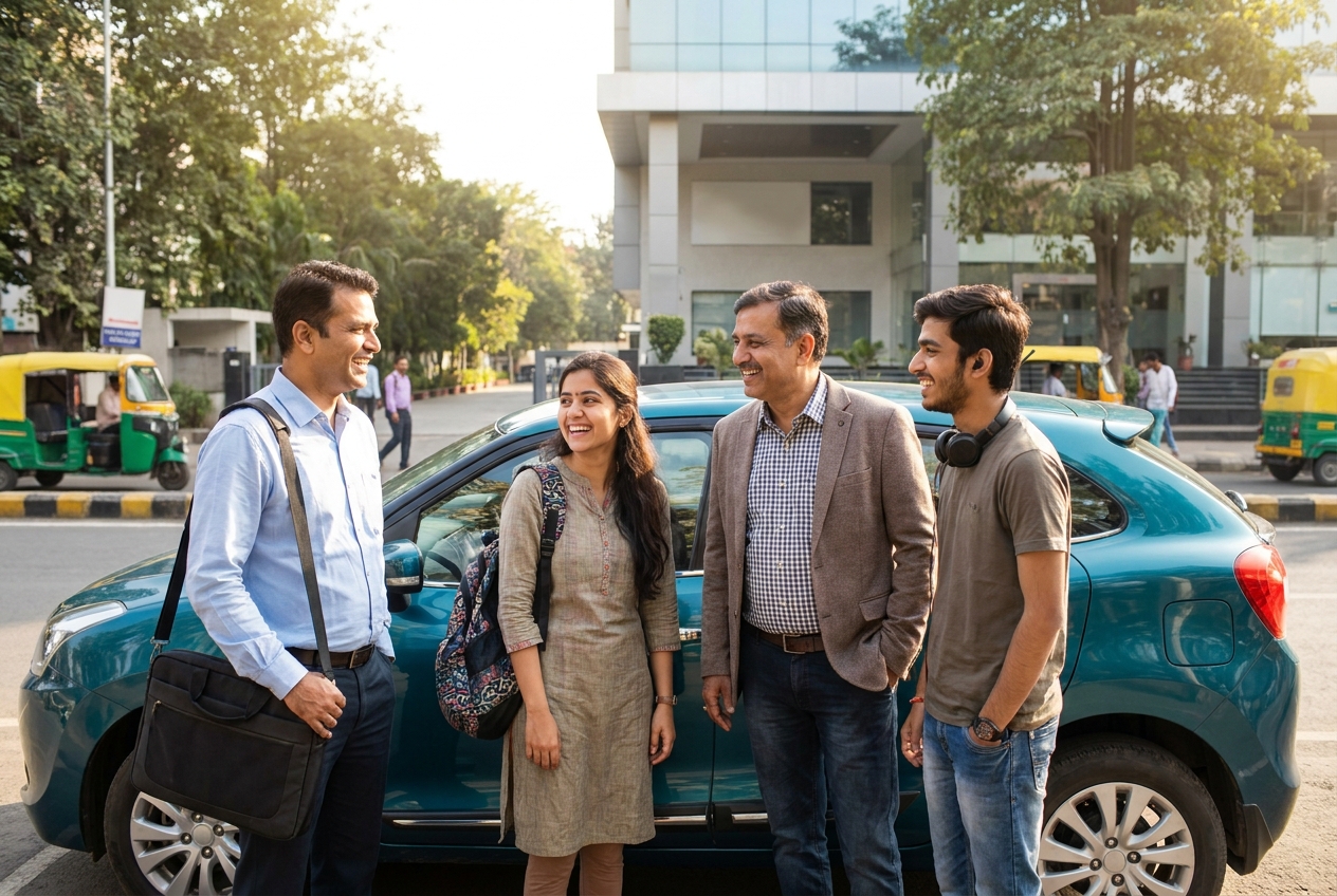 A community of travellers meeting beside a shared car