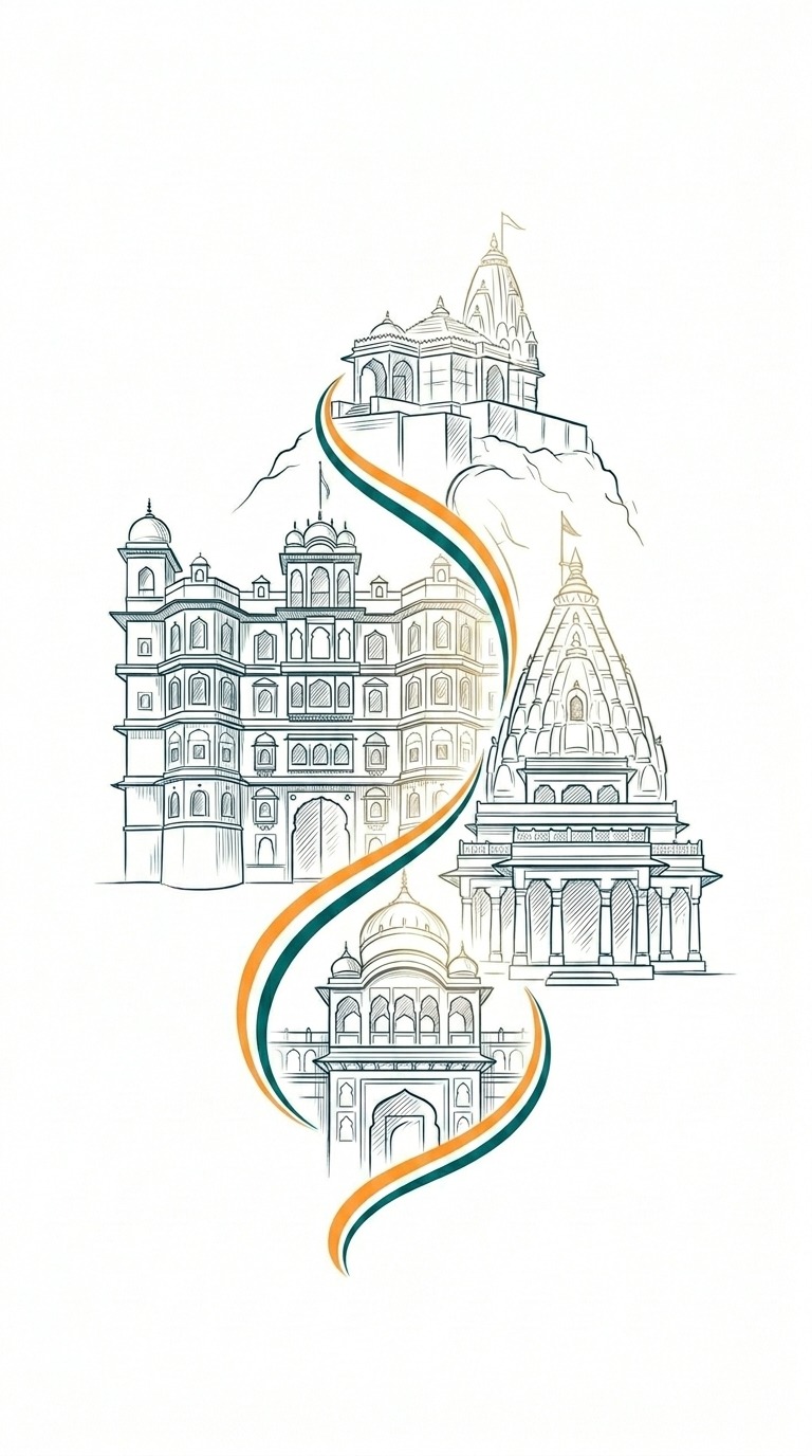 Illustrated landmarks from Madhya Pradesh connected by a route
